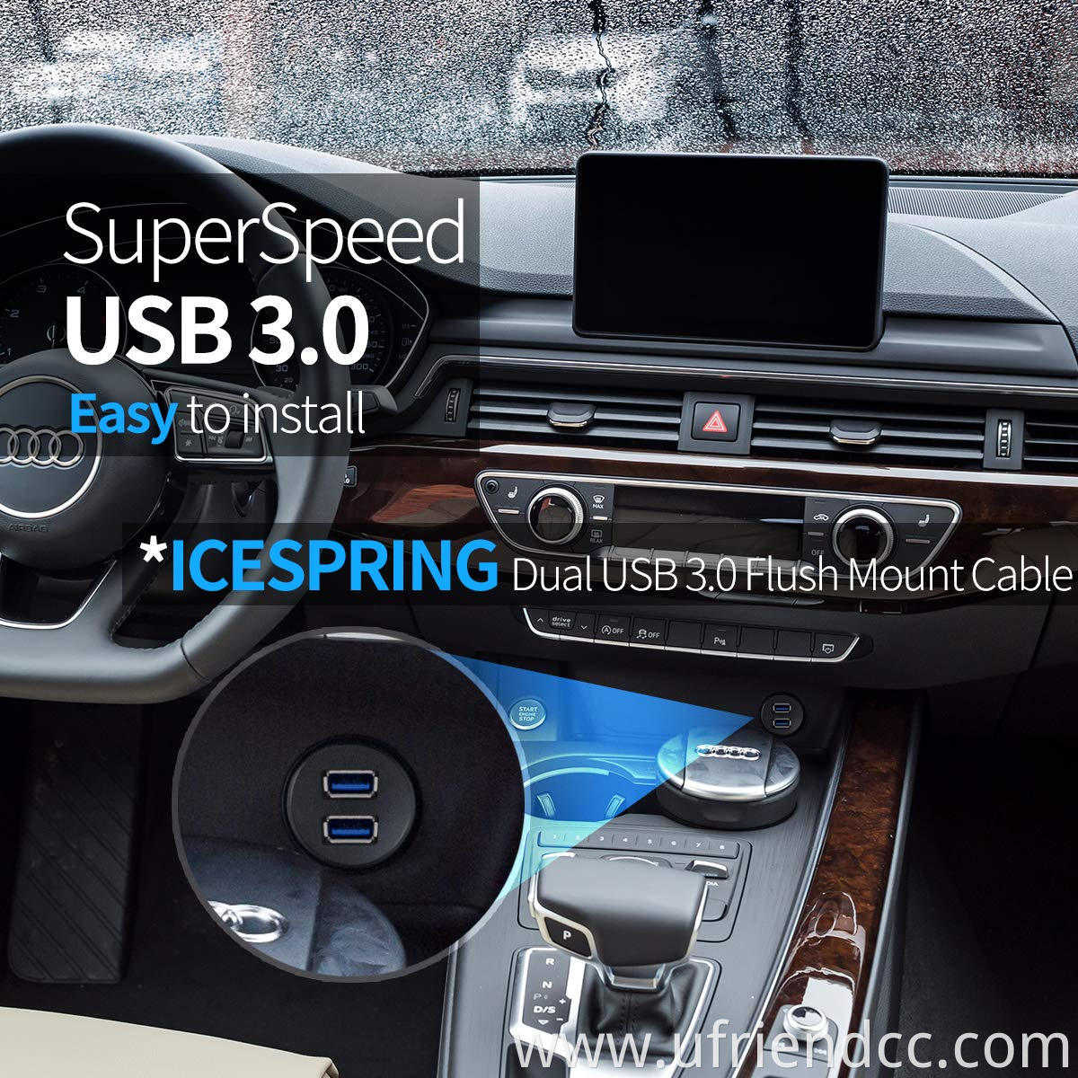 Custom Round Square Car Dual USB 3.0 Flush Dashboard Dash Panel Mount USB Extension Cord Cable